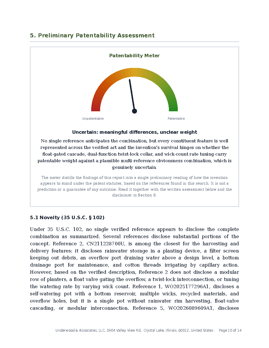 Sample report page showing the Patentability Meter gauge and the start of the written assessment