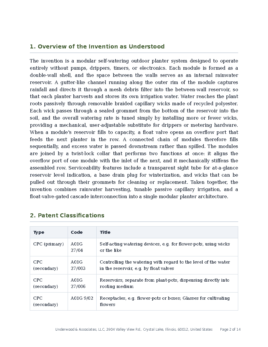 Sample report page showing the invention overview and patent classifications